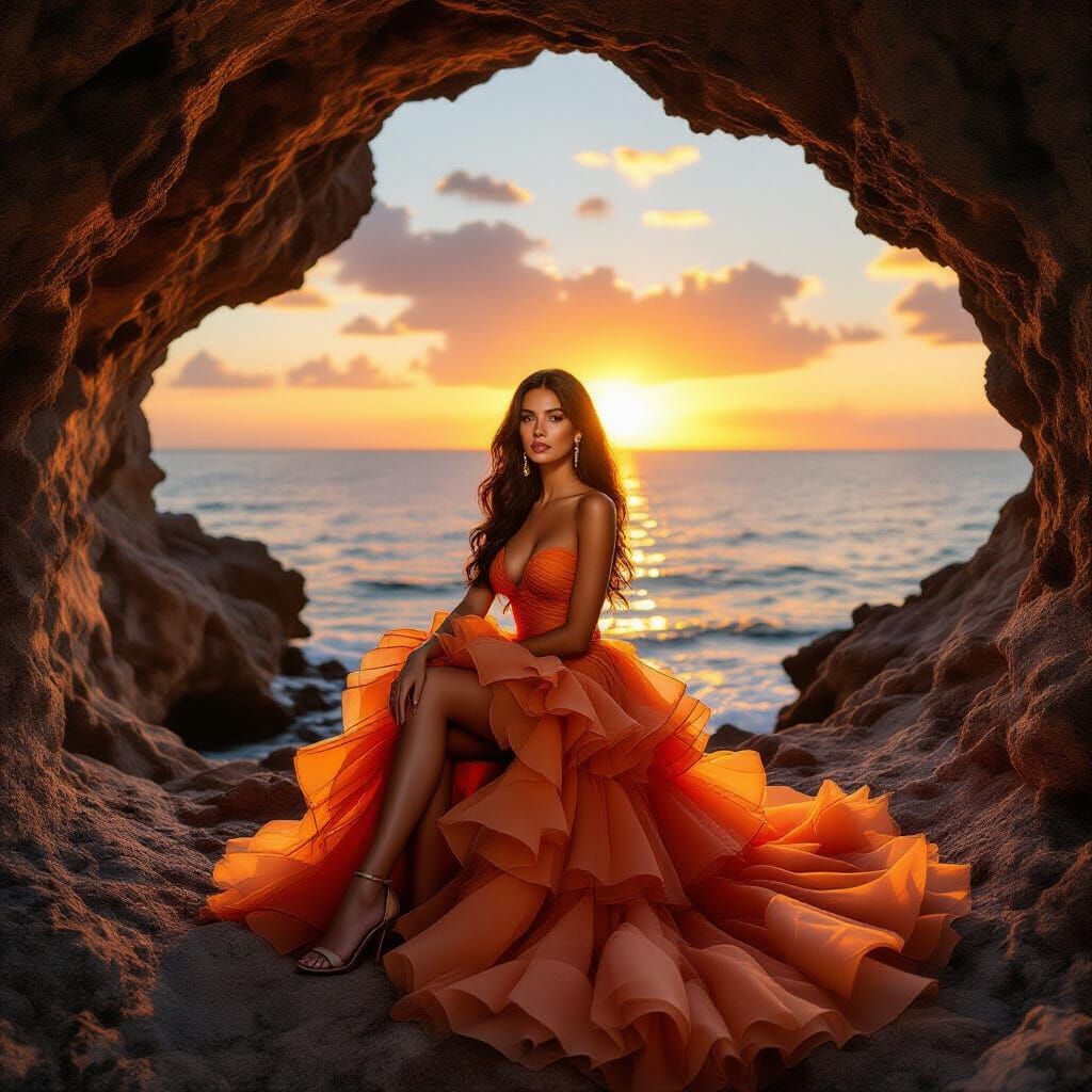 Fashion Portrait: Woman in Ruffled Gown by the Sea at Sunset