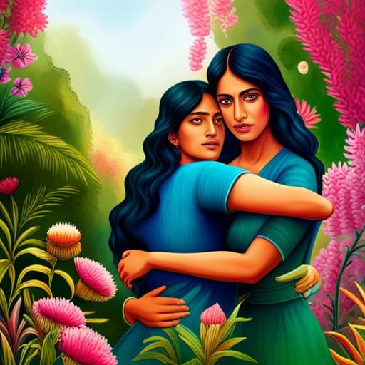 Couple hugging in a garden