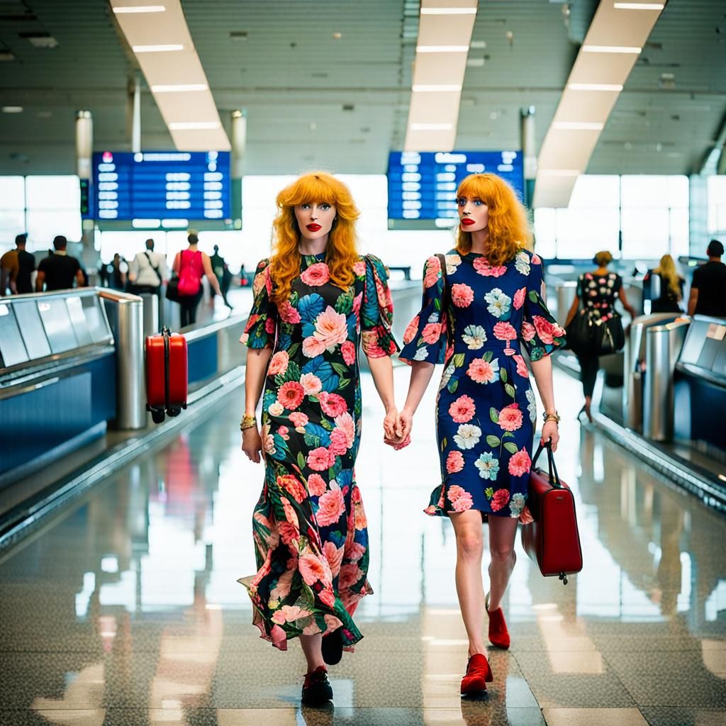 Transvestites in Floral Dresses at Airport