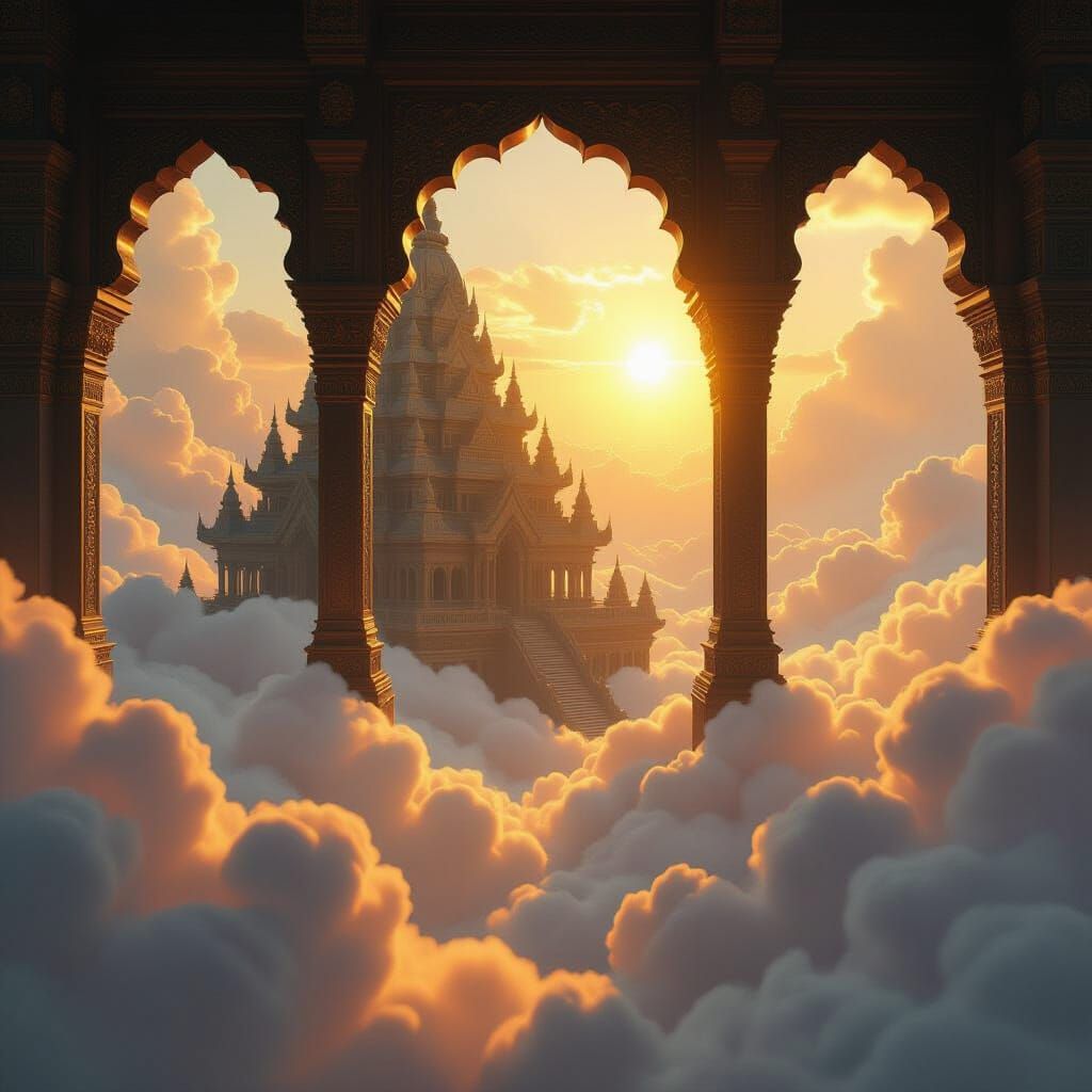 Majestic Temple Floating on Clouds with Sunlit Arches