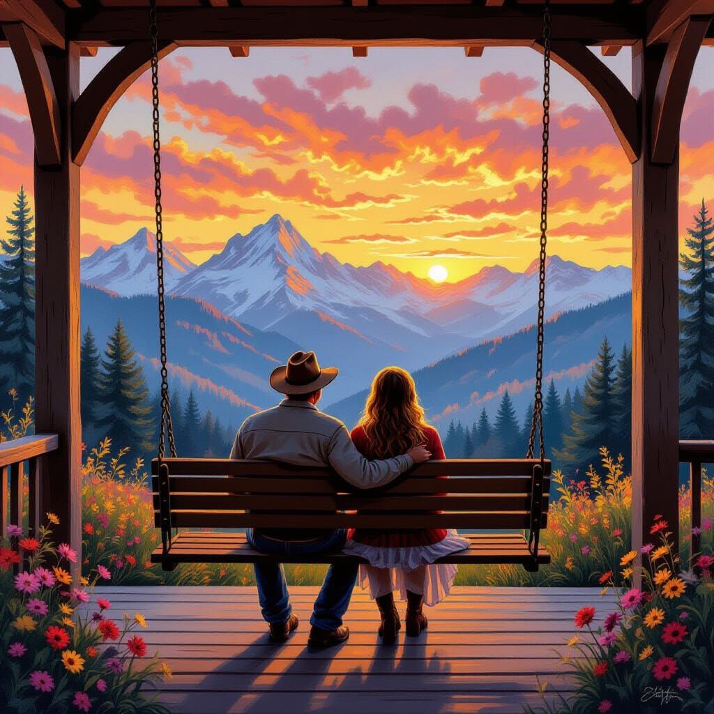 Couple's Sunrise Mountain View on Rustic Porch