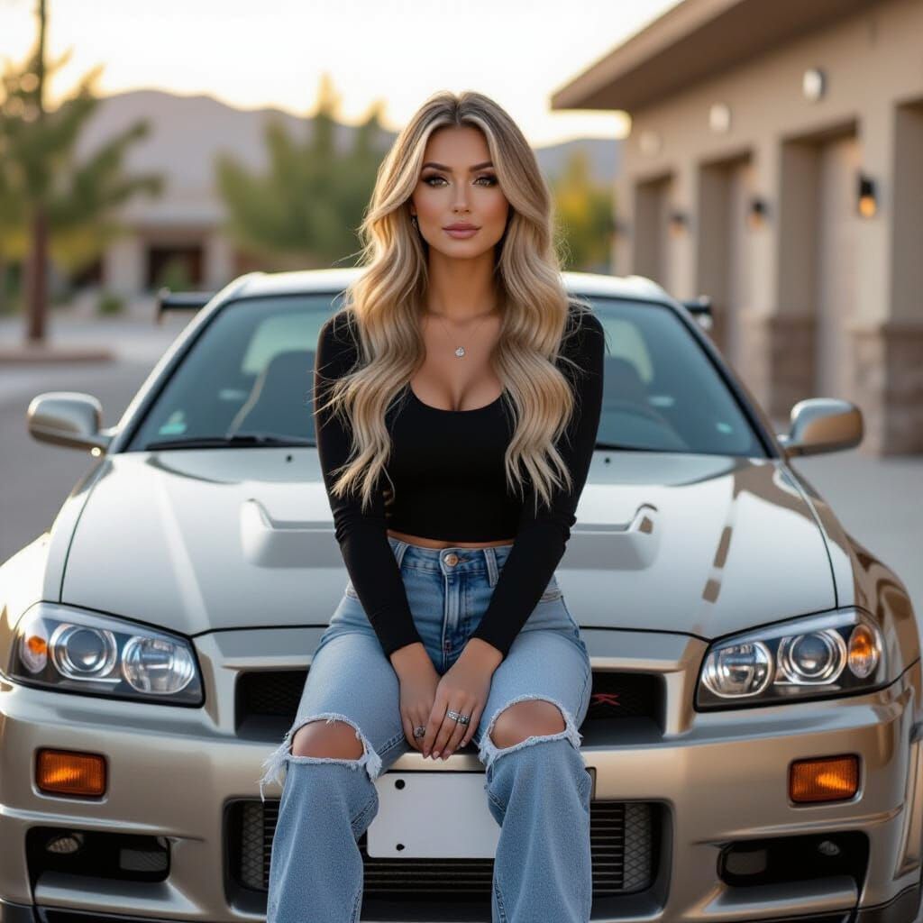 Woman on Tan Nissan GT-R R33 with Silver Hues