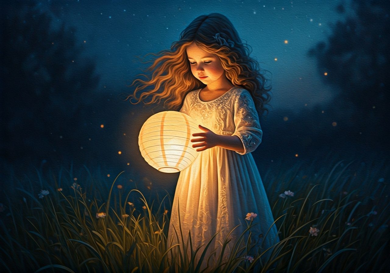 Child with Lantern in Meadow: Impressionist Oil Painting