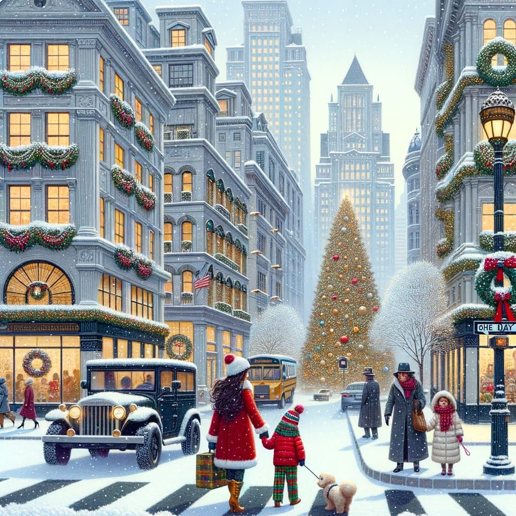 Snowy Christmas Street Scene with Family in Vintage Style