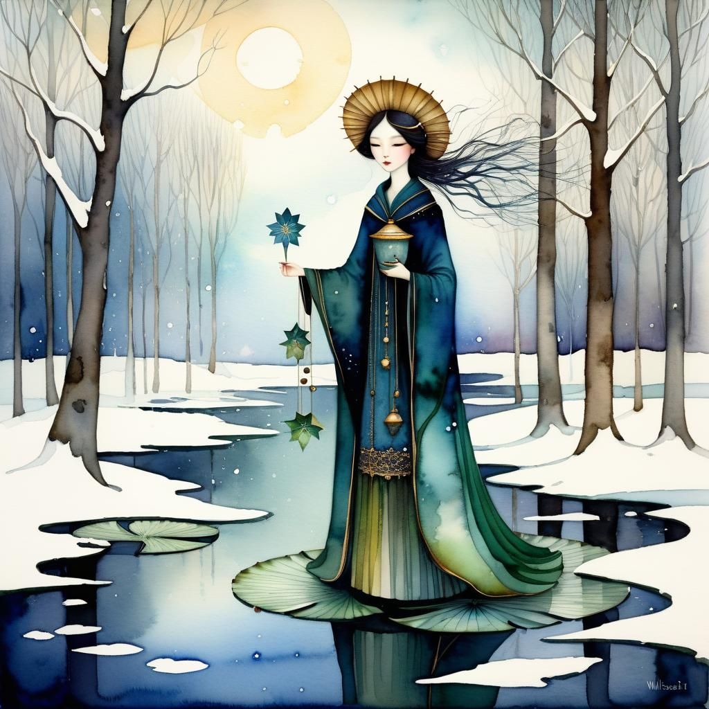 Whimsical Winter Wiccan Watercolor Painting