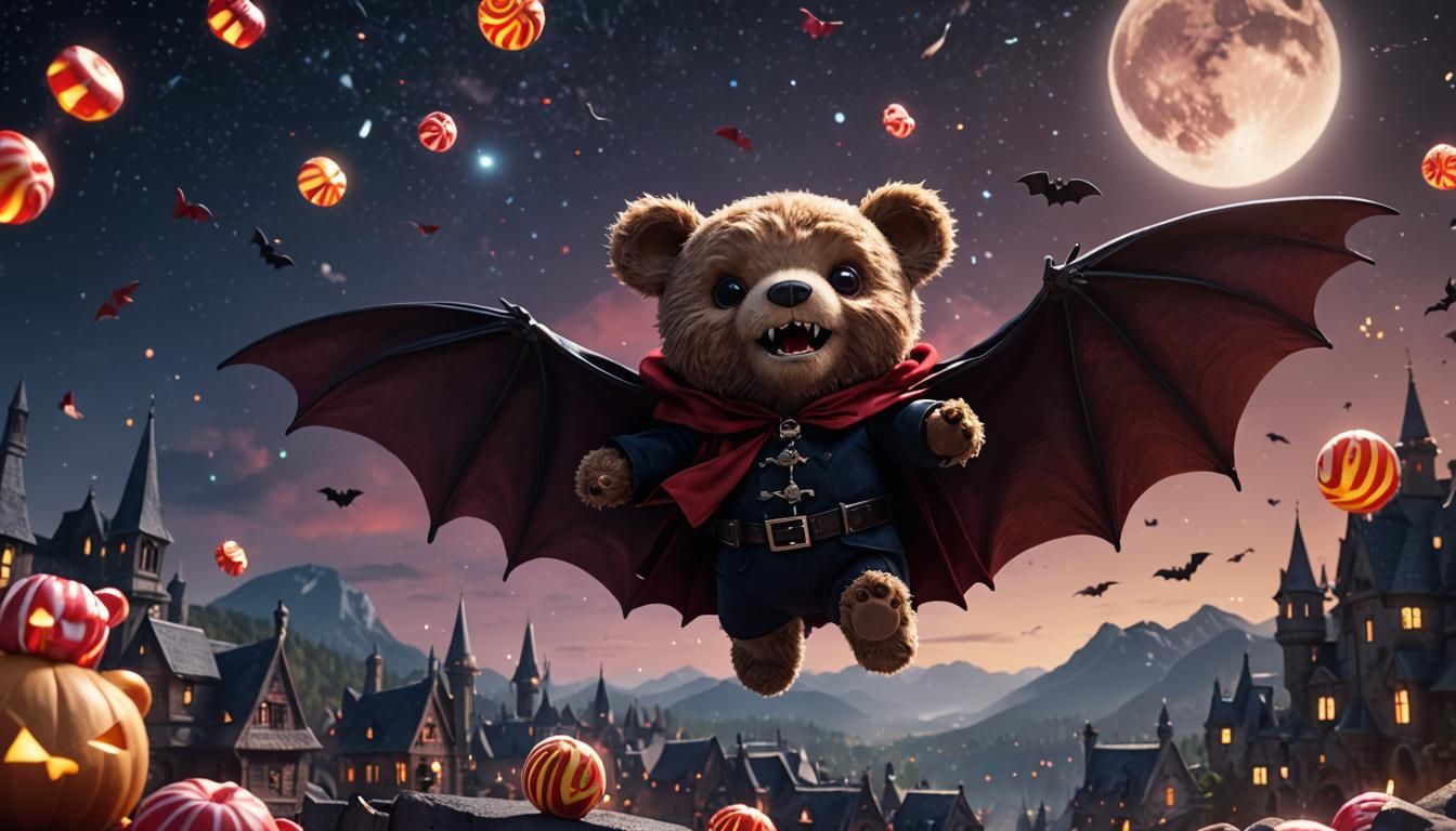 Vampire Teddy Bear Soaring Through Candy Sky