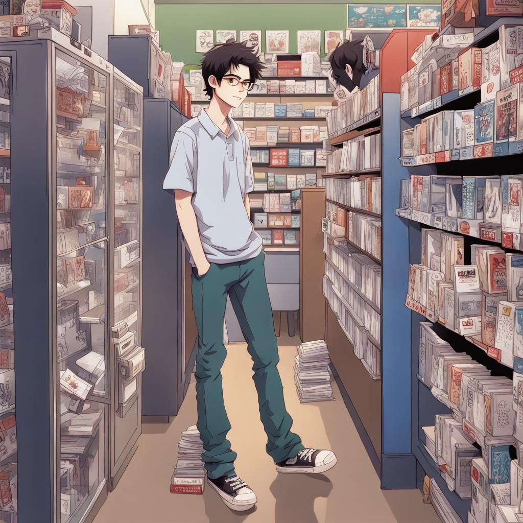 Teenage boy working at a video store in the 90s