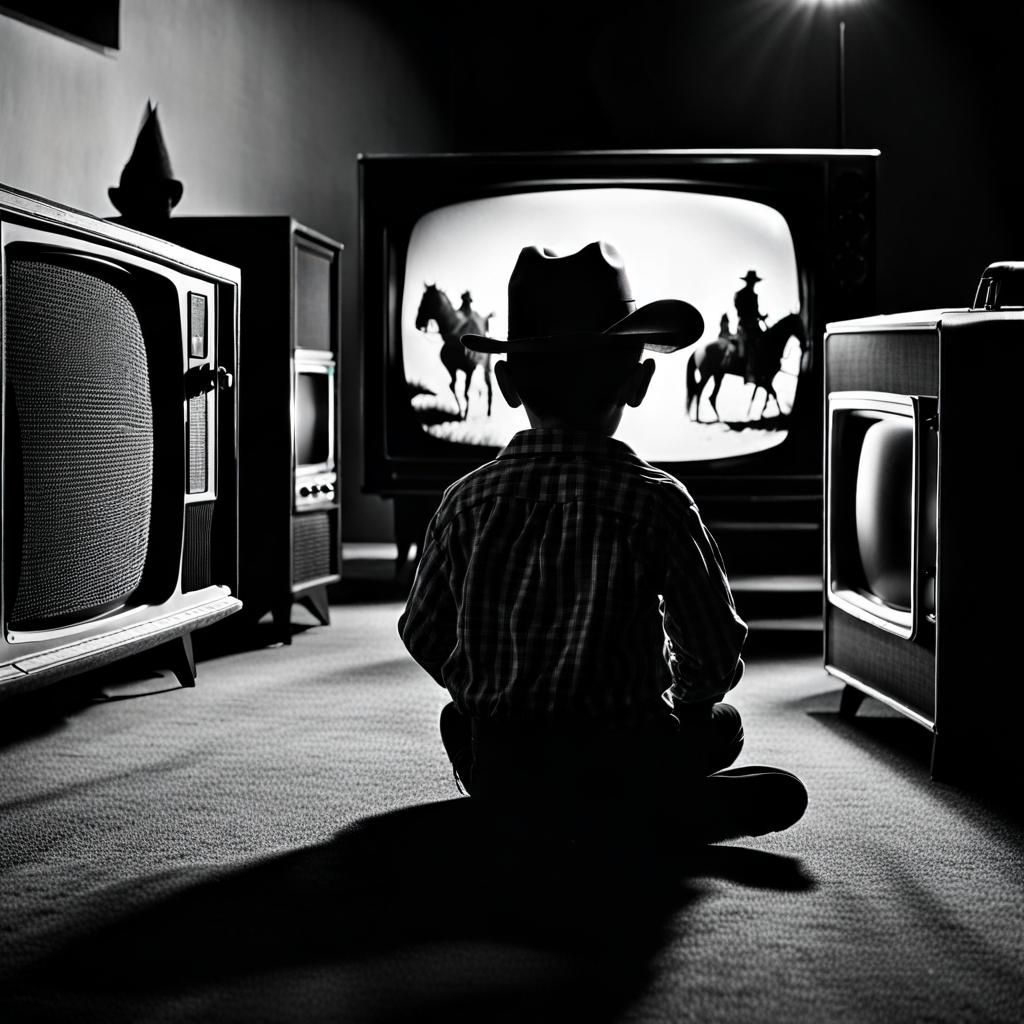 Child Cowboy Watches Westerns on Vintage TV in Black and Whi...