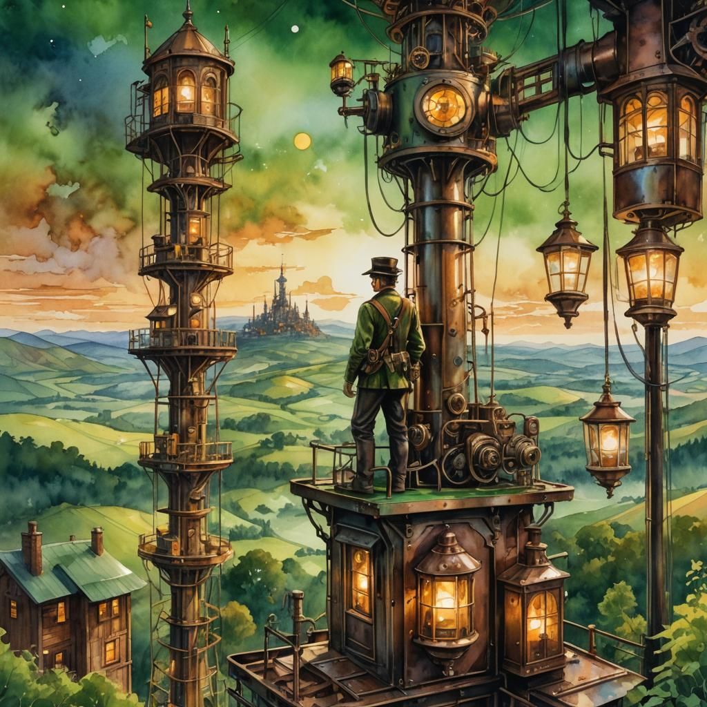 Whimsical Steampunk Radio Tower Panorama