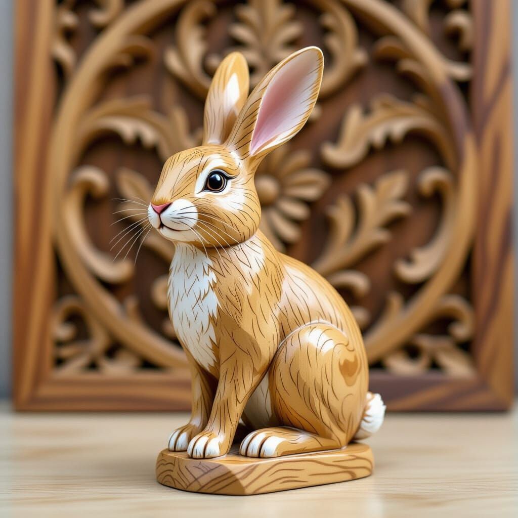 Detailed Wood Carved Rabbit Statue