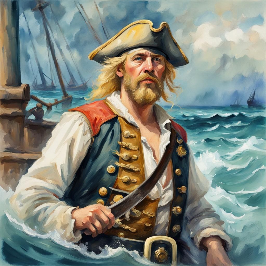 Blonde Barbary Pirate at Sea in Gouache Style