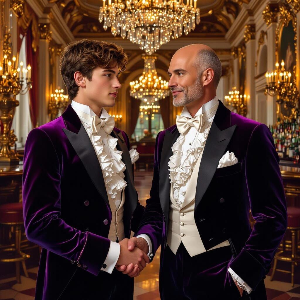 Elegant Baroque Ballroom Scene with Velvet Tuxedos