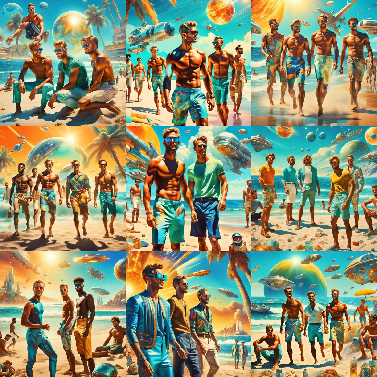 Hyperrealistic Men Enjoying Beach in Retrofuturist Style