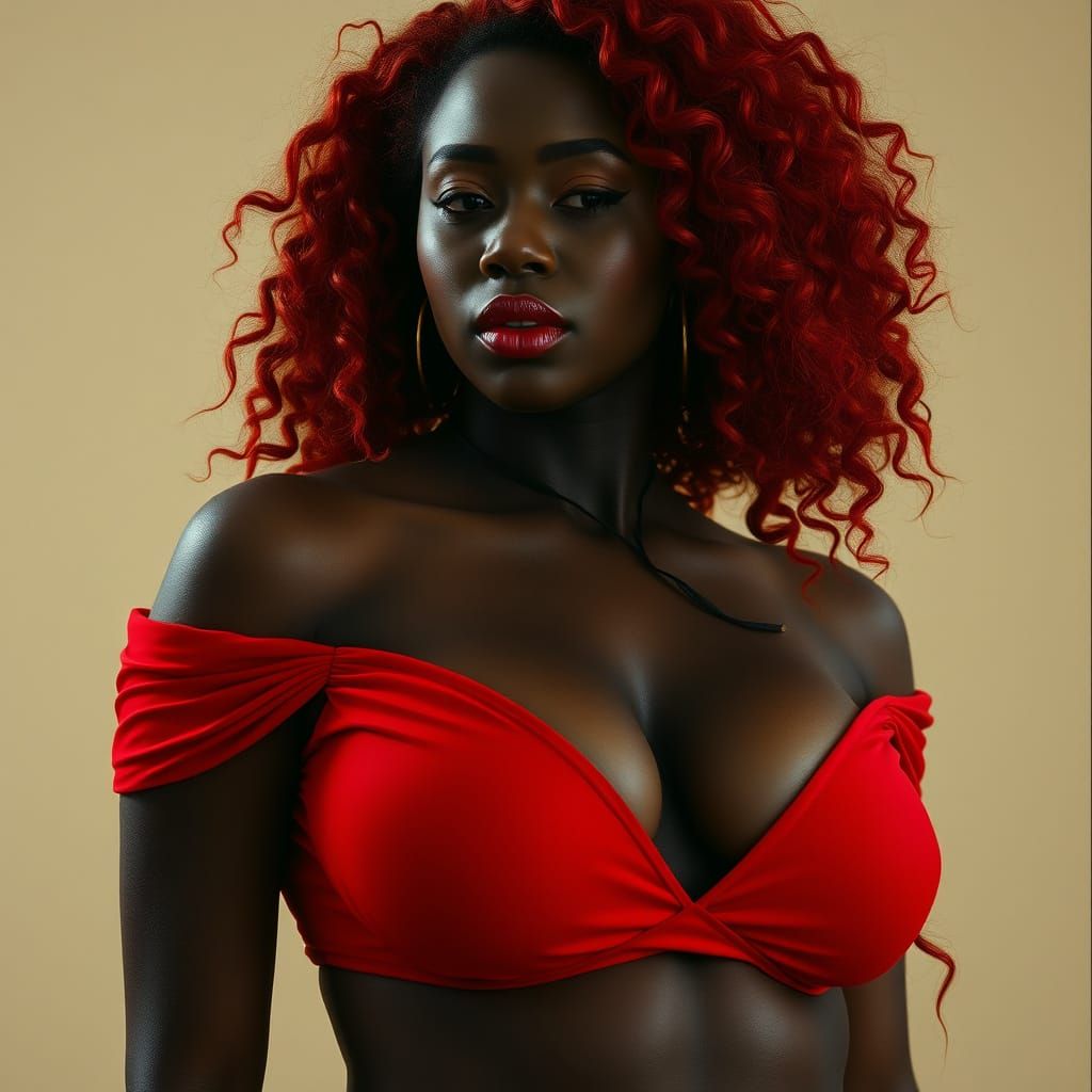 Striking Portrait: Red-Haired Woman in Red and Black