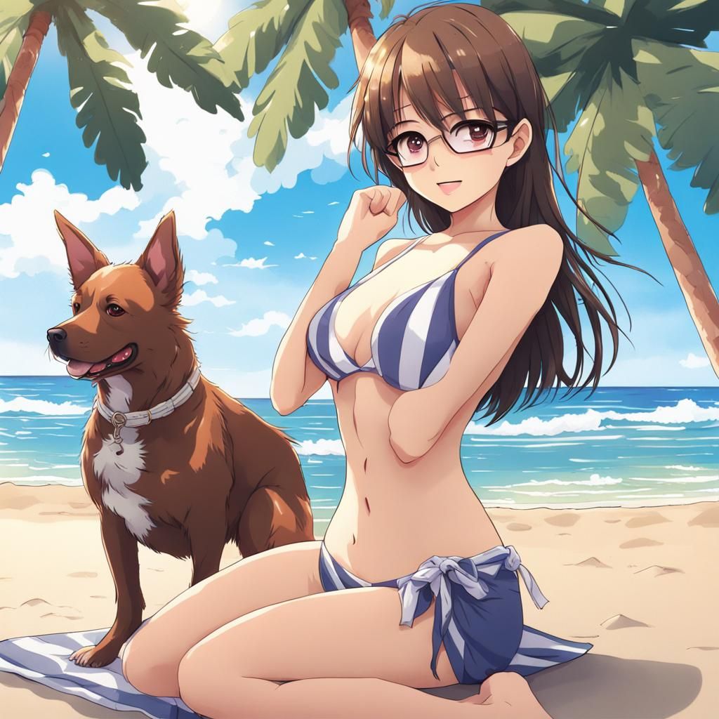 Girl with Dog on Beach in Anime Style