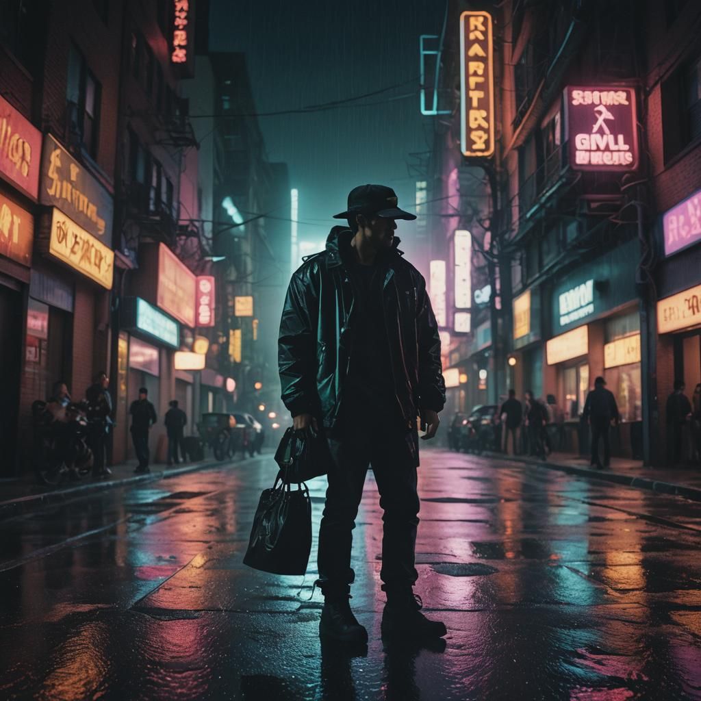 Cinematic Man in Shadow with Neon City Lights
