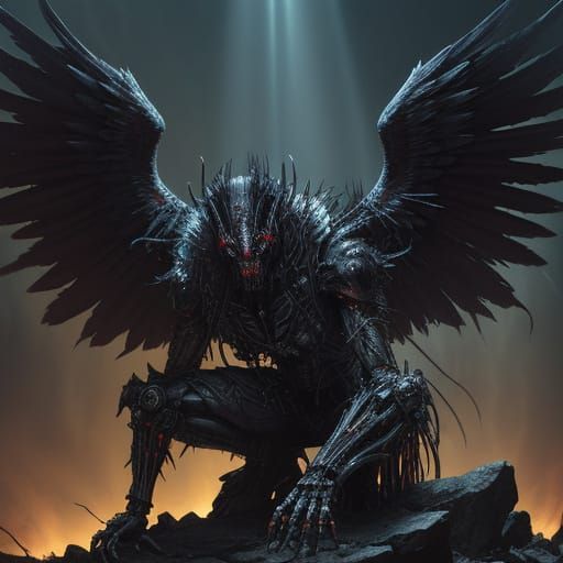 Fallen Cybernetic Angel in Dark Surrealist Style