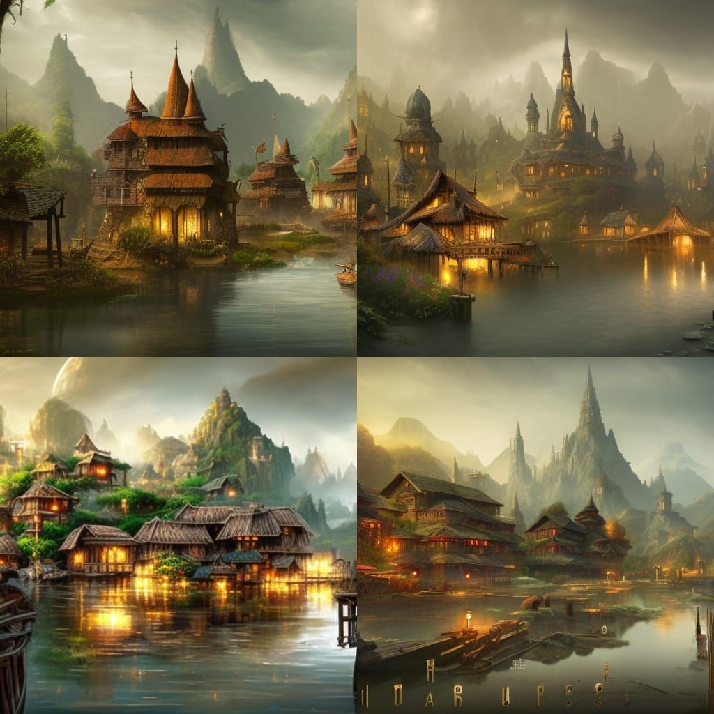 Epic Riverside Village in Detailed Digital Matte Painting