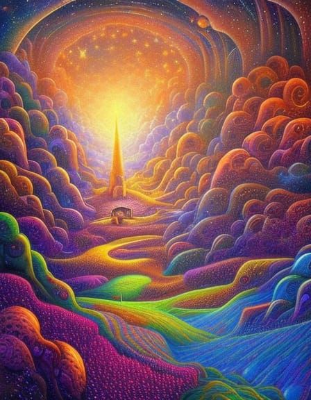 Medieval Village Under Stars in Pointillism Style