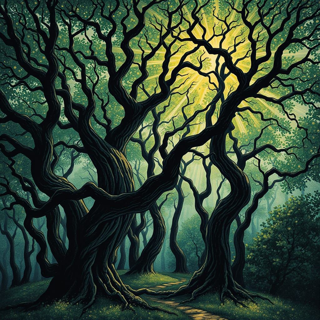 Mystical Forest in Vibrant Art Nouveau Style