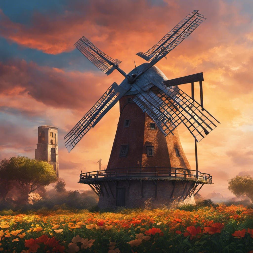 Windmill in the Roman Empire, Hyperrealistic, splash art, concept art, mid shot, intricately detailed, color depth, dram...
