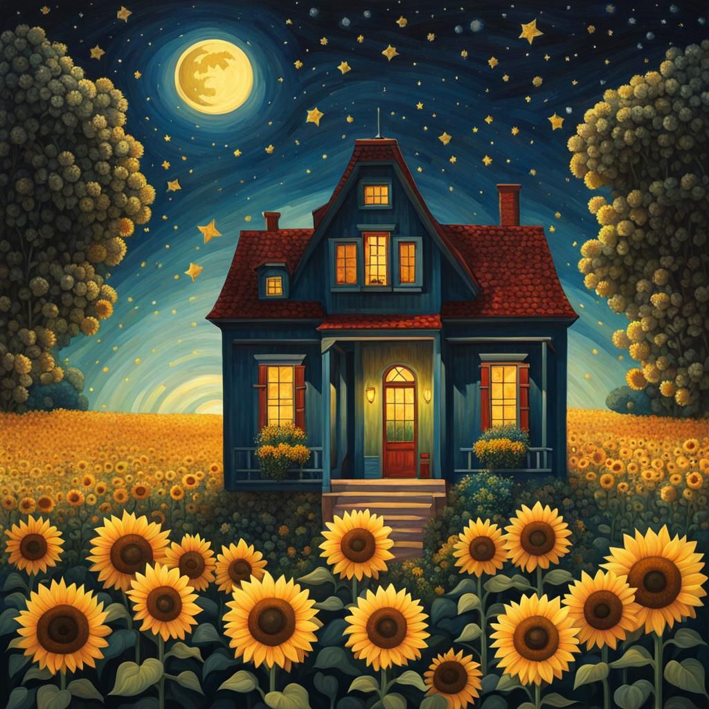 House in Sunflower Field: Pointillist Impression