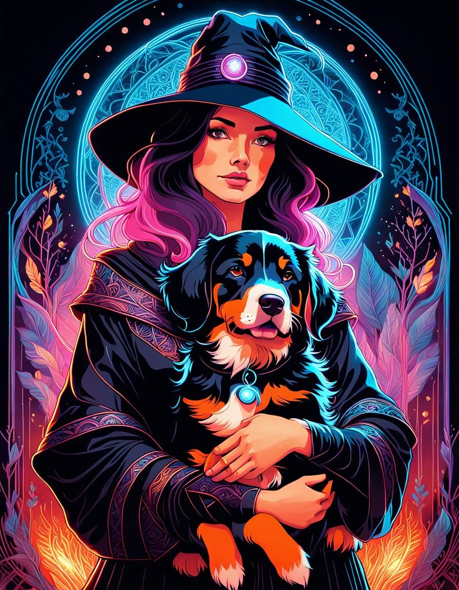 Neon Witch Portrait with Bernese Puppy