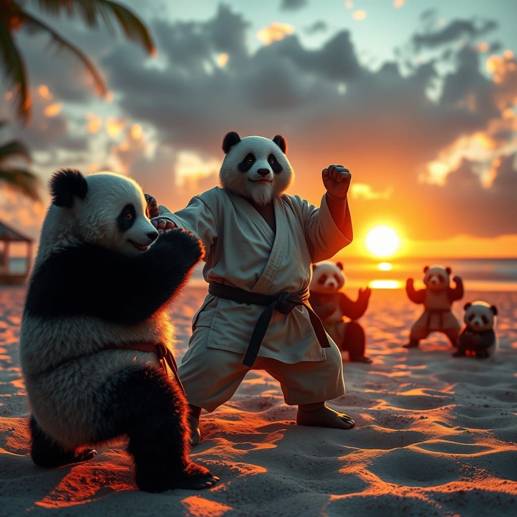 Wise Panda Teaches Karate on Tropical Beach
