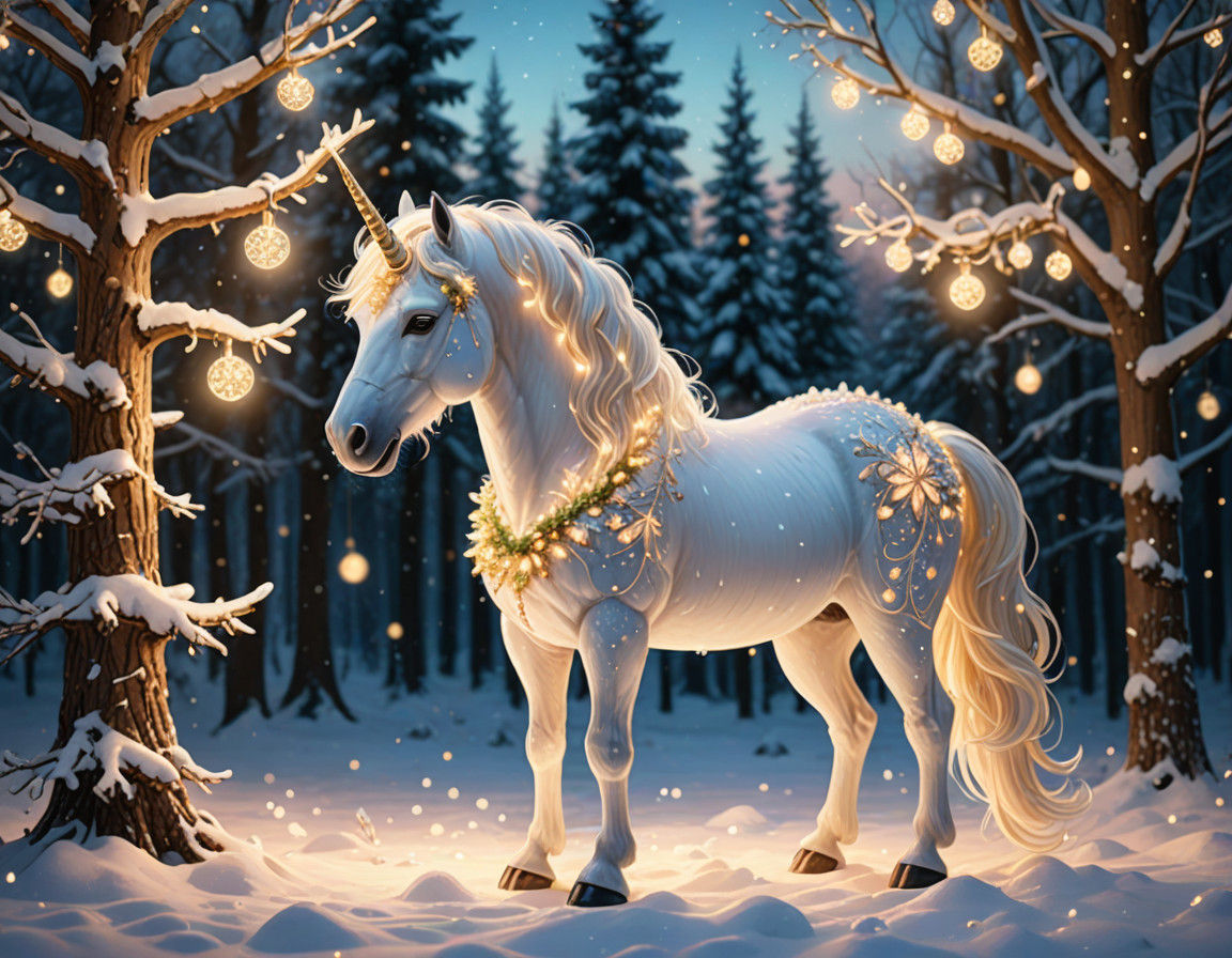 Whimsical Christmas Unicorn in a Snowy Wonderland
