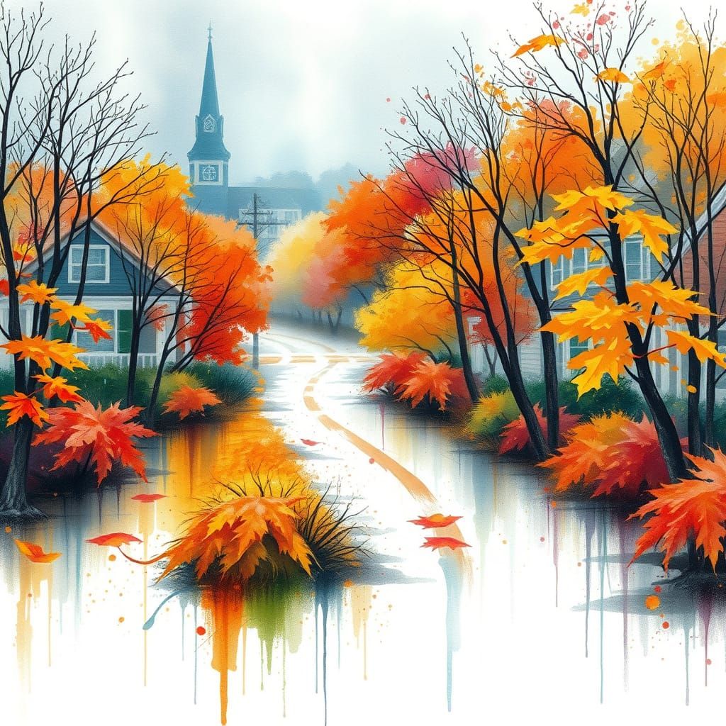 Rainy Autumnal New England Landscape in Watercolour Style