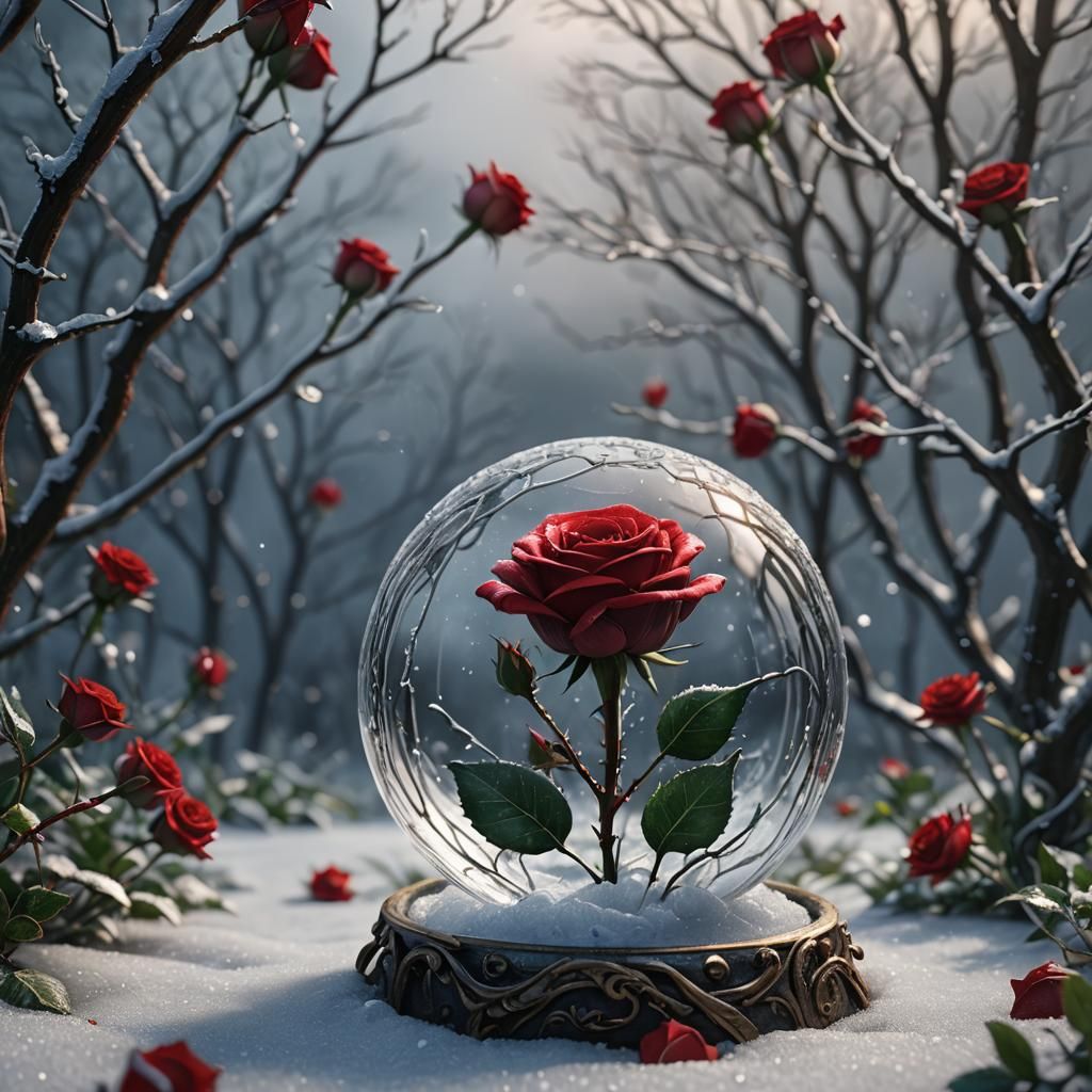 Red Rose in Glass Ball with Winter Scene