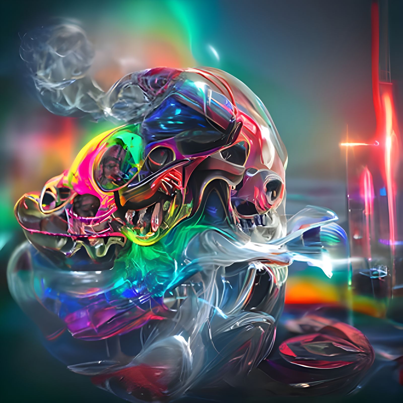 Glowing Neon Rainbow Skull, 3D Astral Illustration