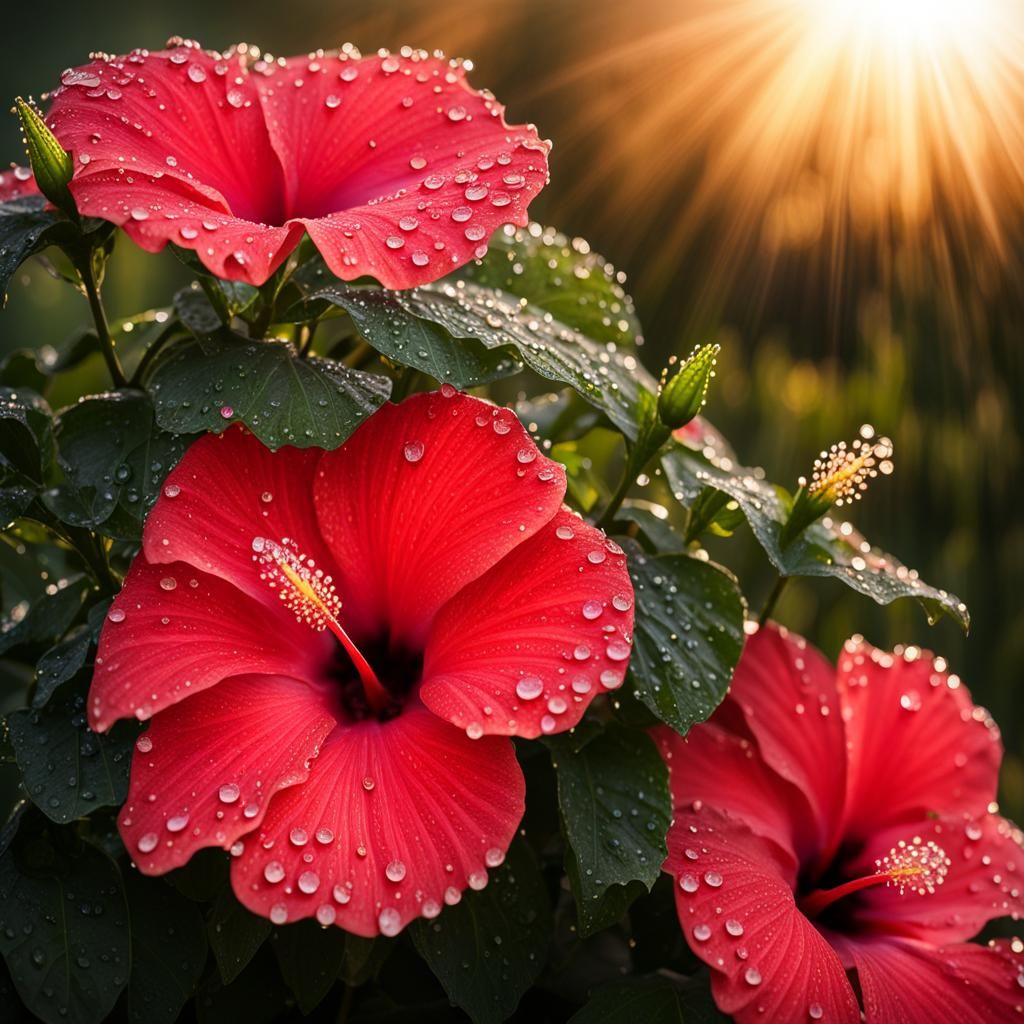 Hibiscus Dew Drops in Morning Sunlight
