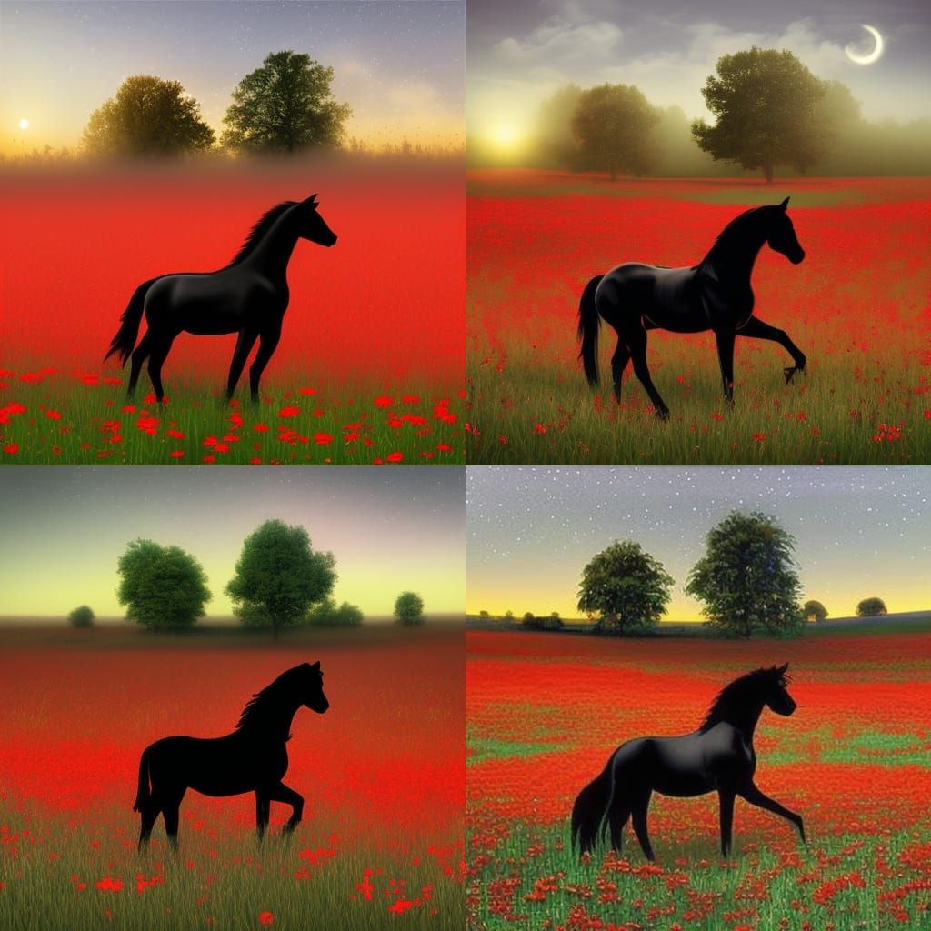 Mystic Black Stallion in Red Flower Field