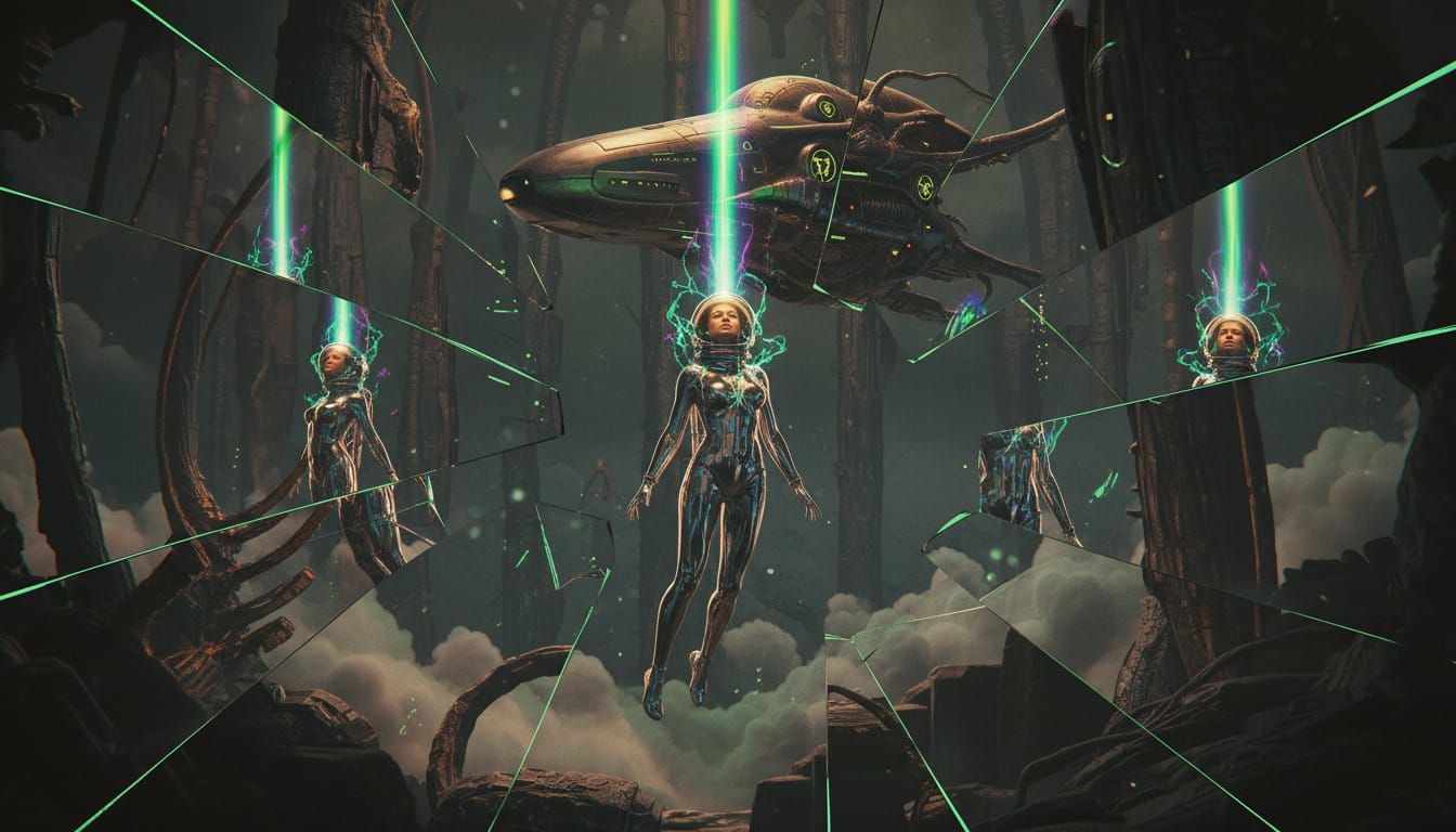 Alien Abduction in Surreal Neon Scene