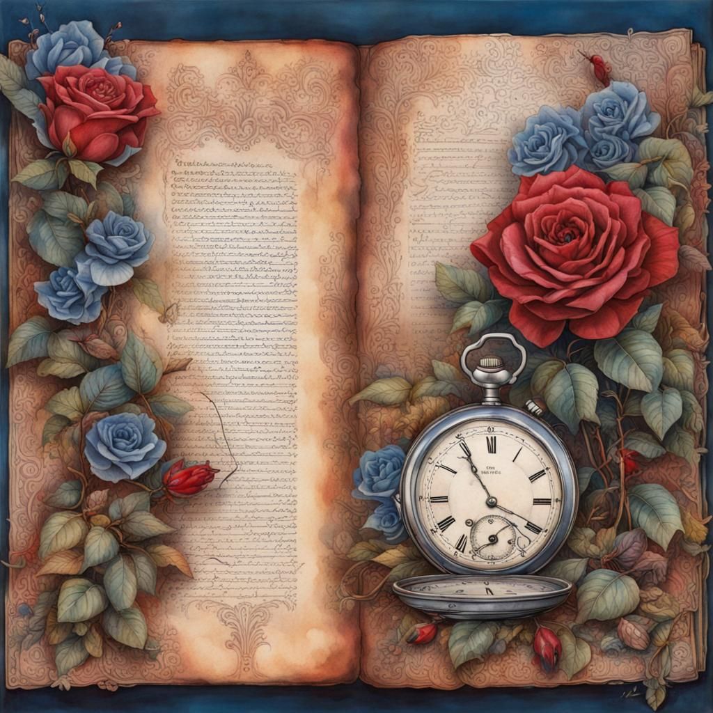 Detailed Journal Page with Roses and Pocket Watch