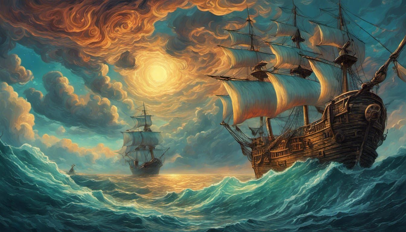 Pirate Ship Approaches Secret Hideout in Fantasy Style
