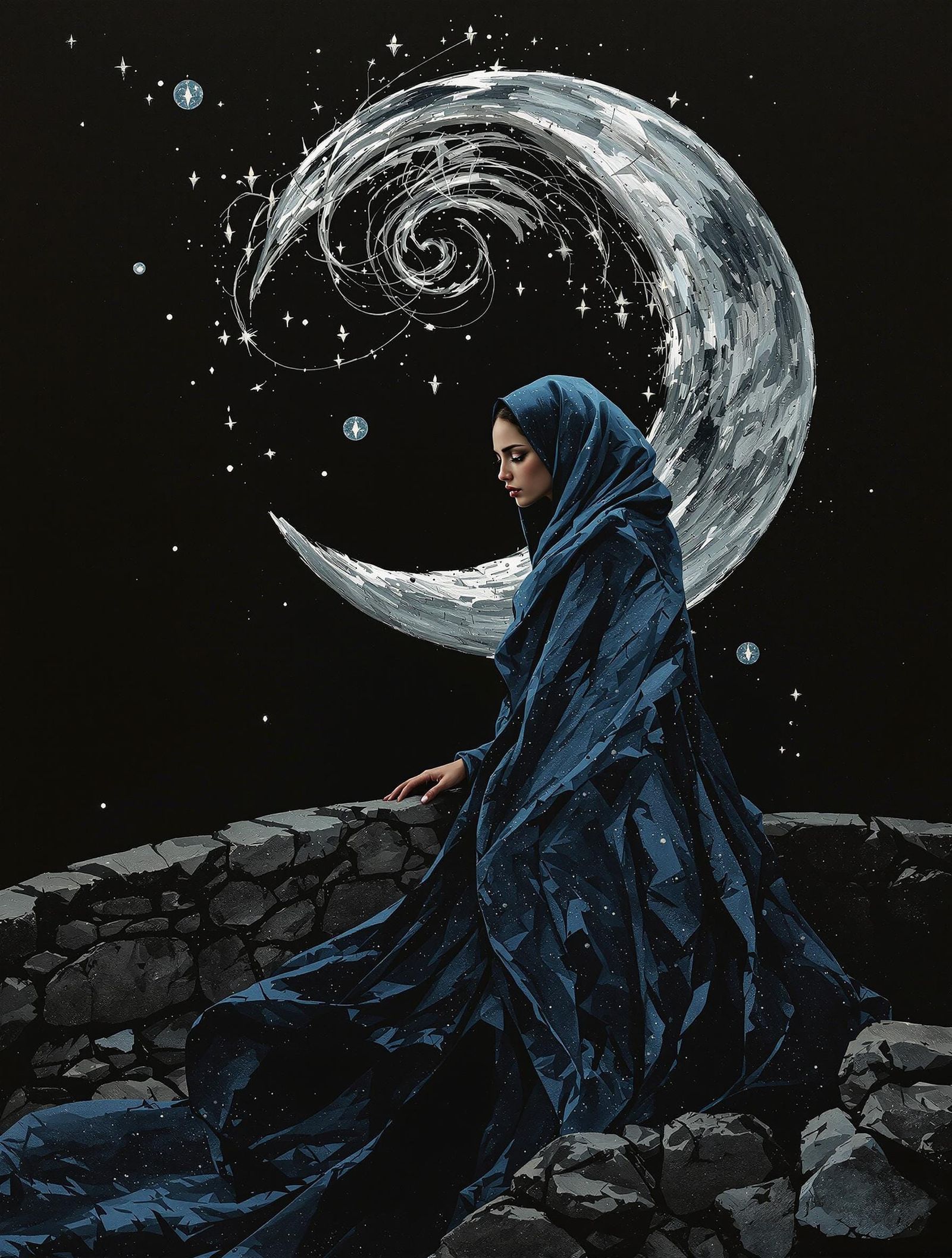 Surreal Nocturne of a Woman on a Broken Bridge