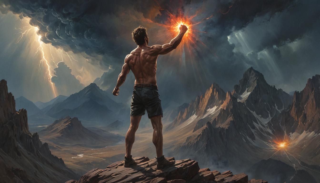 Defiant Figure Amidst Storm and Solar Flare