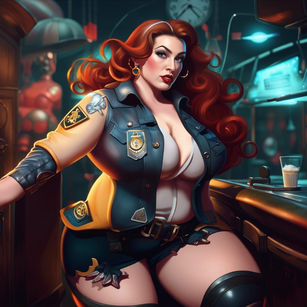 Plus-Size Pinup Security Guard in Detailed Matte Painting