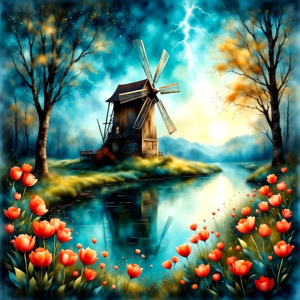 Ethereal Rustic Windmill Scene in Soft, Vibrant Hues