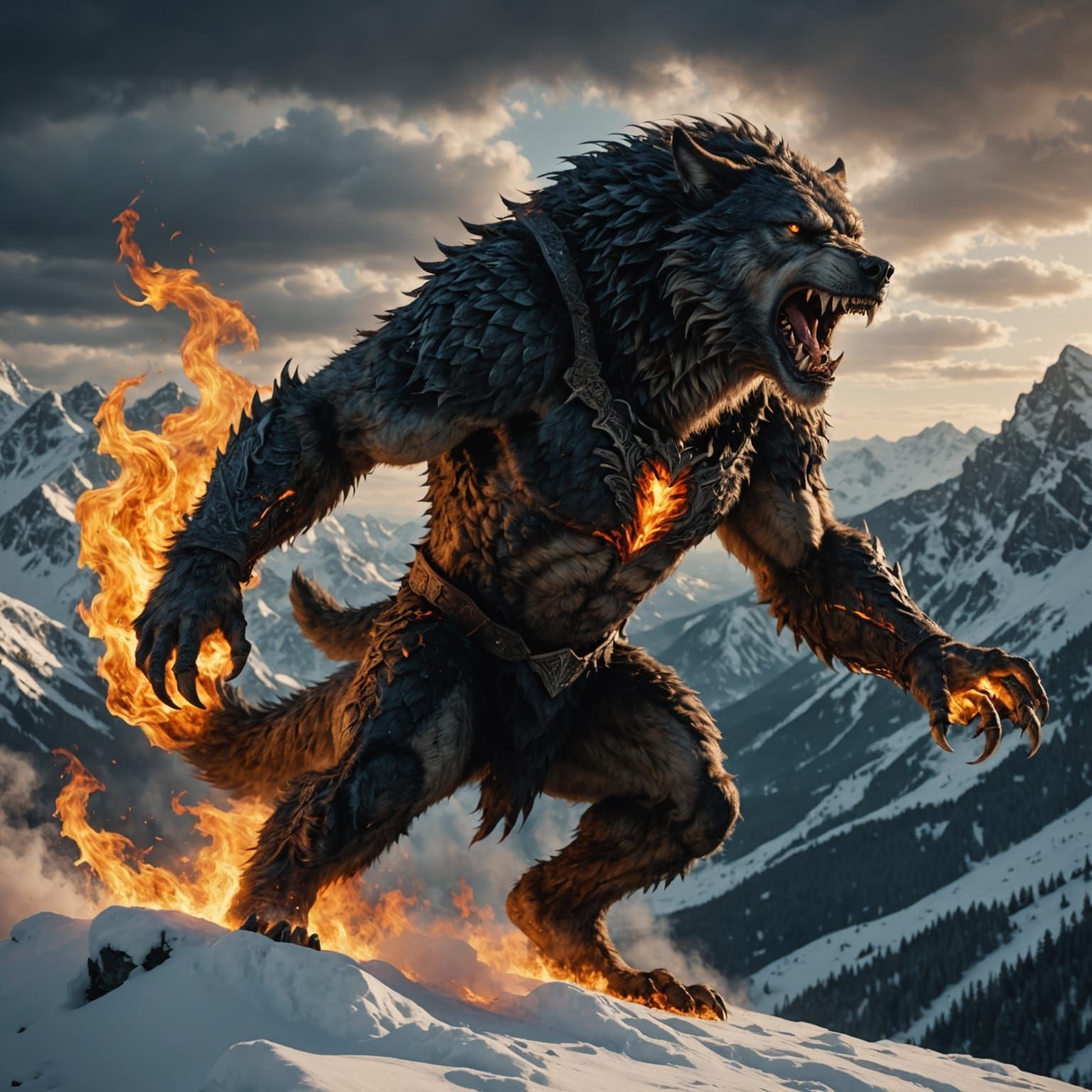 Werewolf breathing fire on top of a snowy mountain