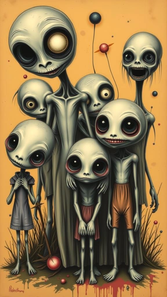Laughing Alien Family in Neo-Expressionist Style