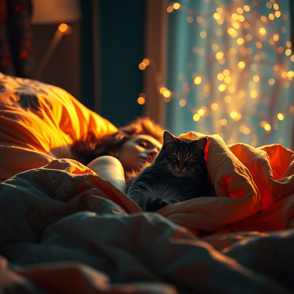 Woman and Cat Cuddle in Bed: Detailed Art