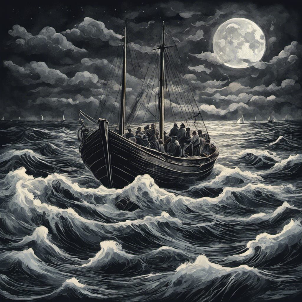 Lost Migrant Boat at Sea in Cubist Style