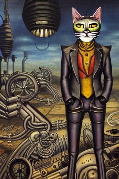 Dark cat, robotic, hybrid, in a desolate area. steampunk painting, intricate detailed portrait, sable hues, a masterpiec...