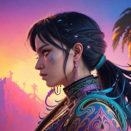 Goddess Warrior Profile in Vaporwave Gouache Style