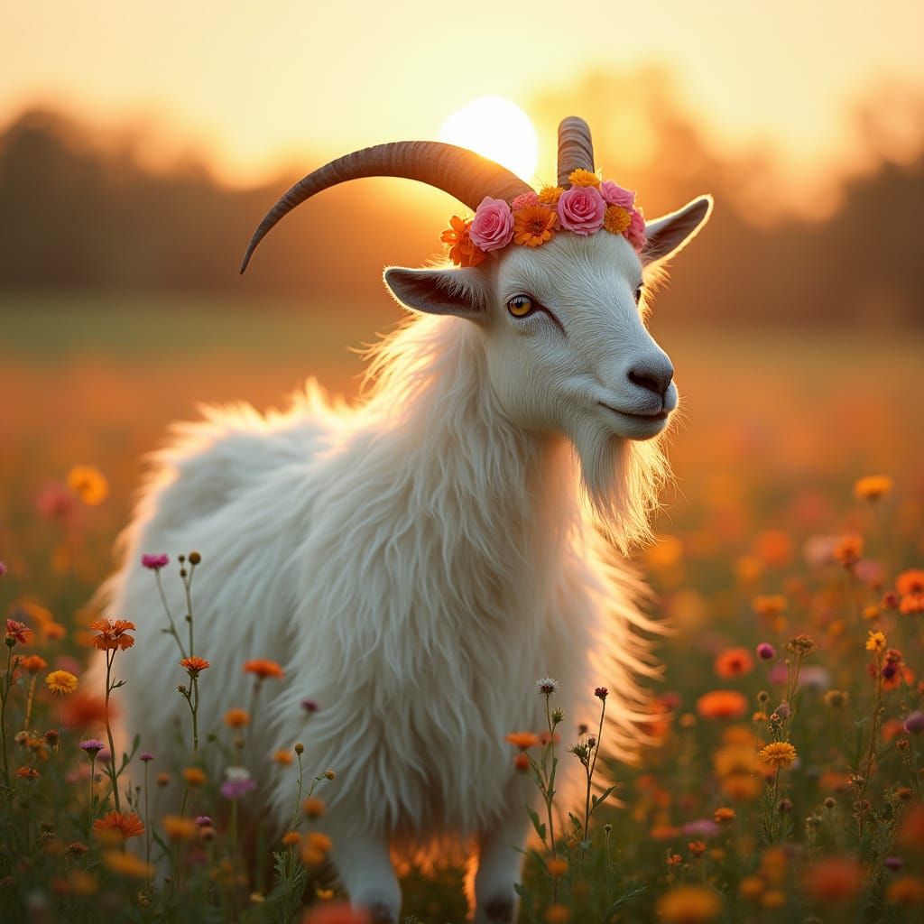Majestic White Goat in Vibrant Wildflower Field under Warm S...
