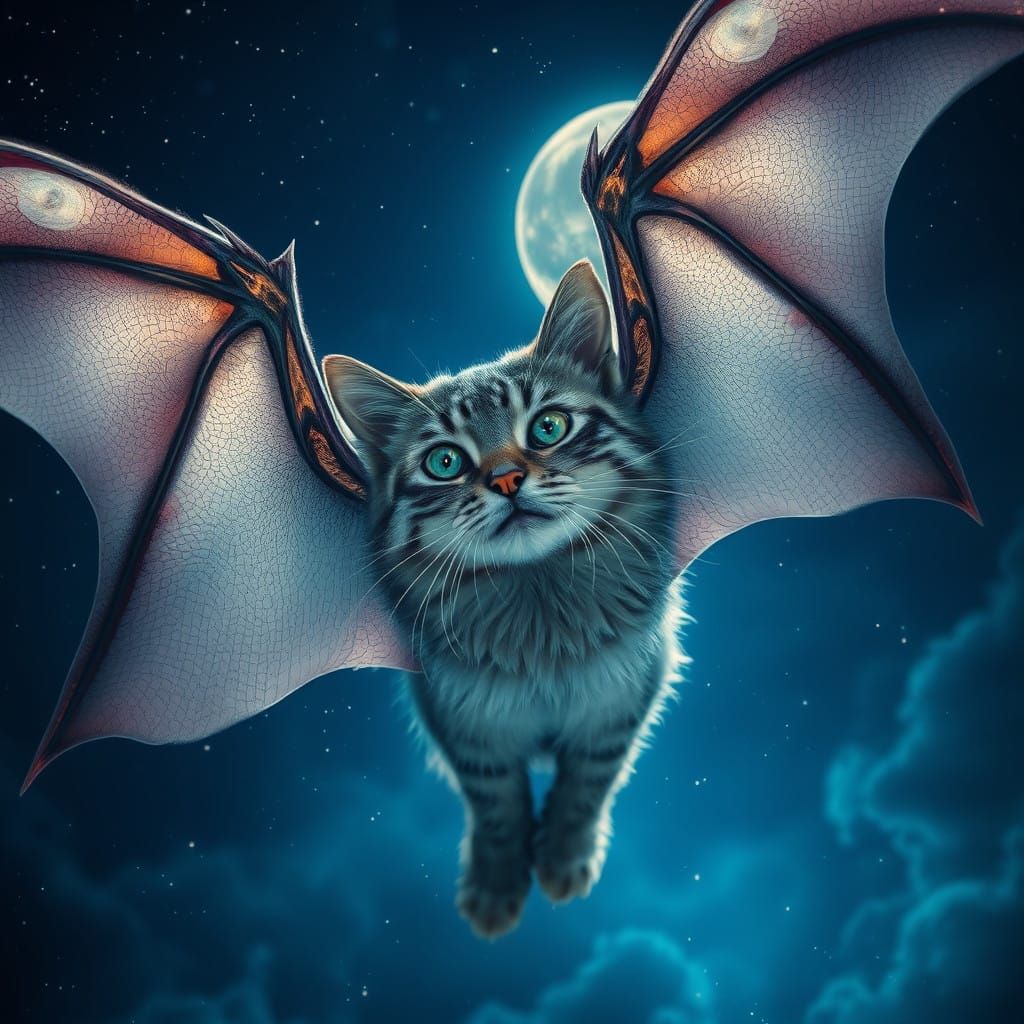 Majestic Feline Soars through Cosmic Skies in Surreal, Dream...