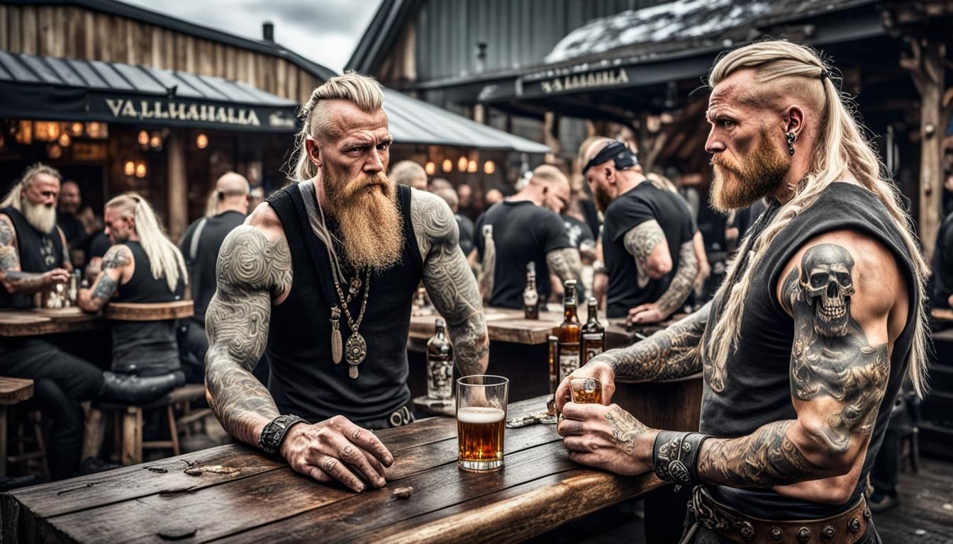 Vikings Drinking Mead in Valhalla With Bartender
